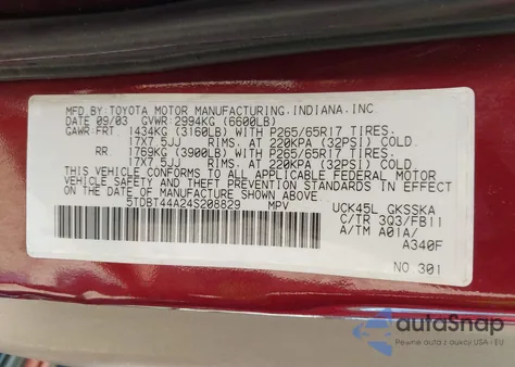 2004 Toyota Sequoia Sr5 V8 z USA, uszkodzony, nr VIN 5TDBT44A24S208829